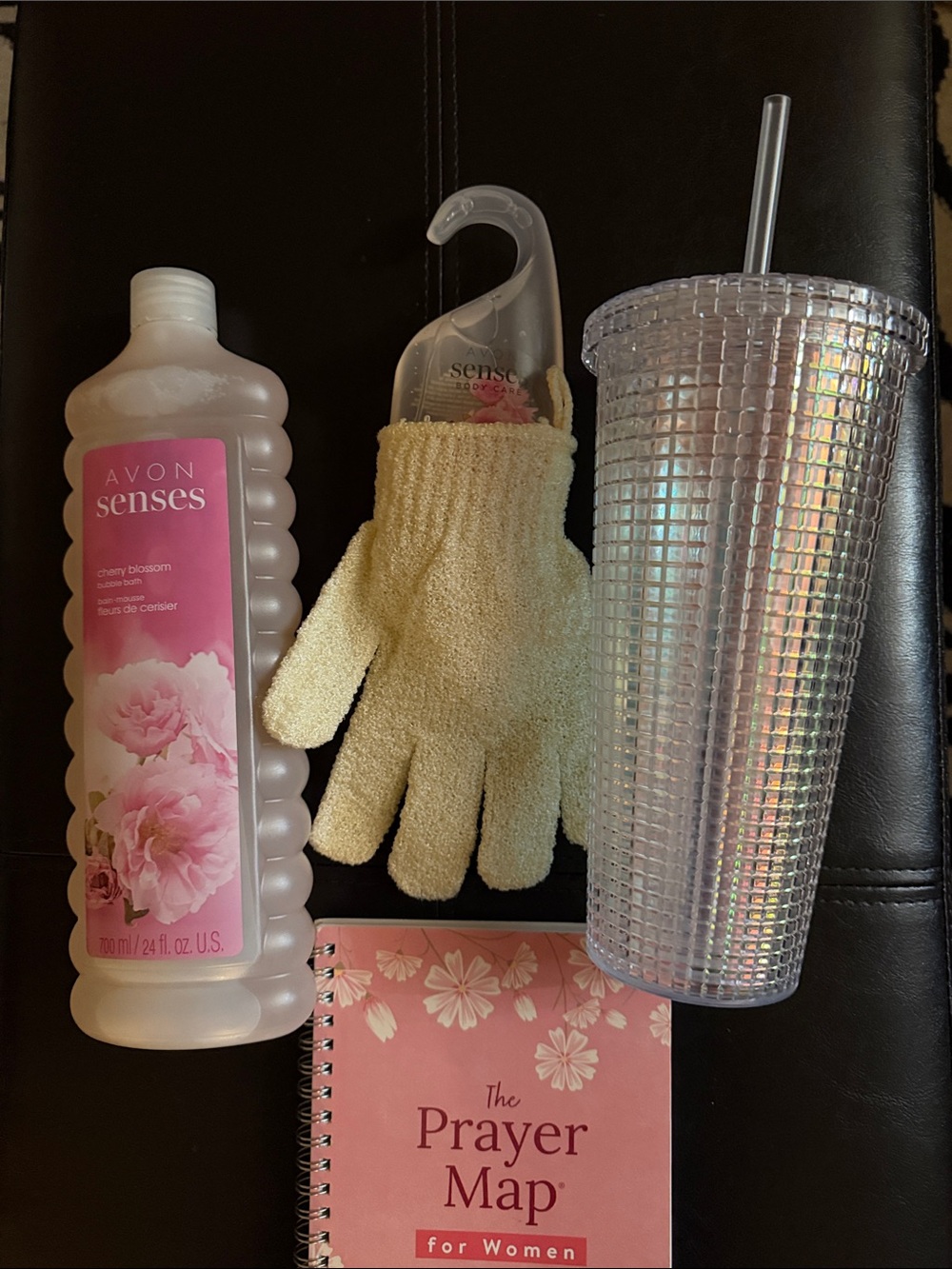 Avon Cherry Blossom Bath Set with Floral Prayer Journal and Iridescent Tumbler